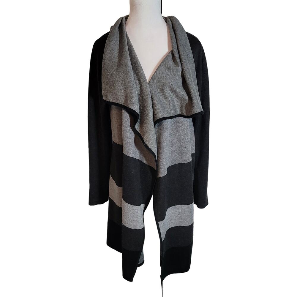 Saks Fifth Avenue Size L Black Label Waterfall Lapel Cardigan Striped Open Front
